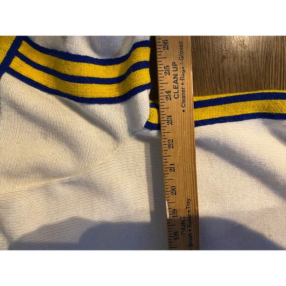 Vintage Dehen white Varsity letterman jacket cheer patch blue yellow sz 48 - Picture 5 of 9